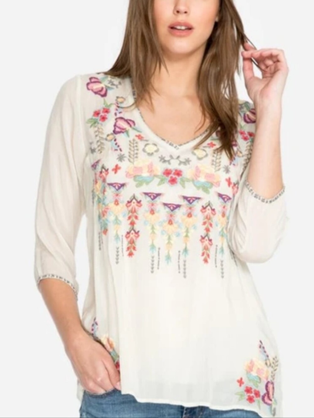 Johnny Was Cream Embroidered V-Neck Tunic with Multicolor Floral Detail